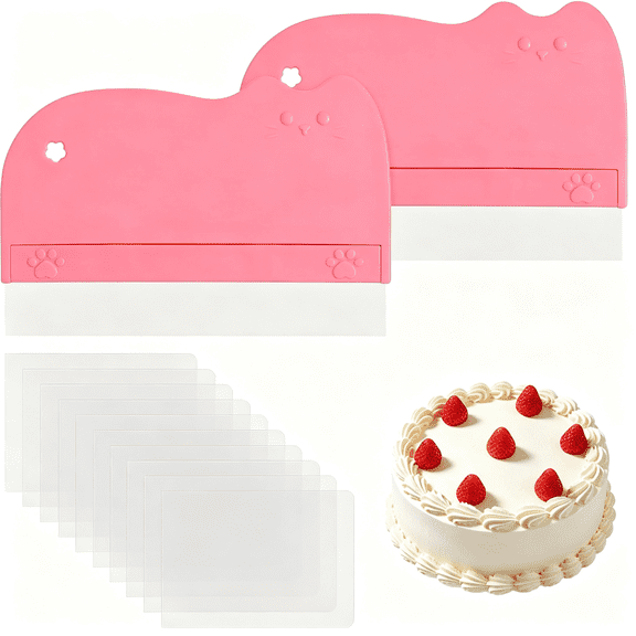 EXLEAF 12Pcs Cake Scraper Smoother Set-2 Pink Abs+Pvc Handles with 10 Transparent Acetate Blades-Cake Icing Smoother for Baking&Decorating-Professional Acetate Cake Scraper for Smooth Buttercream