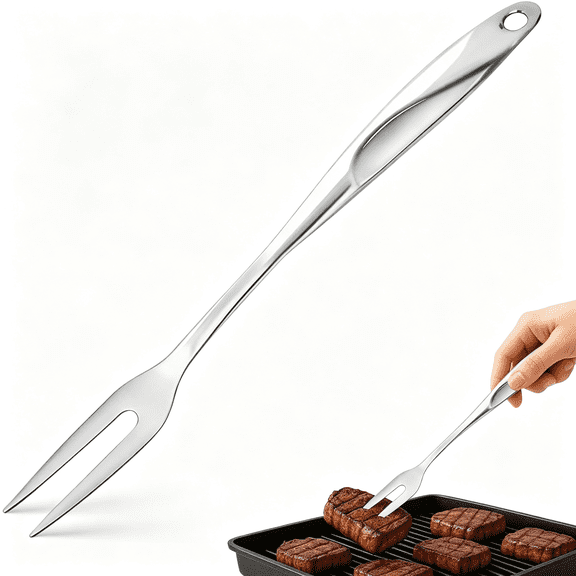 EXLEAF 14.6" Stainless Steel Carving Fork for Meat, 2-Prong Serving & Grilling Fork with Hanging Hole, Hollow Handle for Better Heat Reduction, Kitchen Utensil for Cooking & Serving