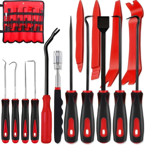EXLEAF 15Pcs Carbon Steel Precision Pick & Hook and Trim Removal Tool Set with Scraper and Magnetic Telescoping Tool Kit for Automotive Electronics Maintenance Hoses Gasket Hand Pick Up Tools