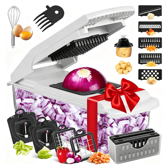 EXLEAF 18-In-1 Vegetable Chopper Mandoline Slicer Kitchen Food Chopper Container Veggie Cutter Onion Mincer Tomato Dicer Fruit Slicer Spiralizer Cheese Grater Kitchen Gadgets House Essentials
