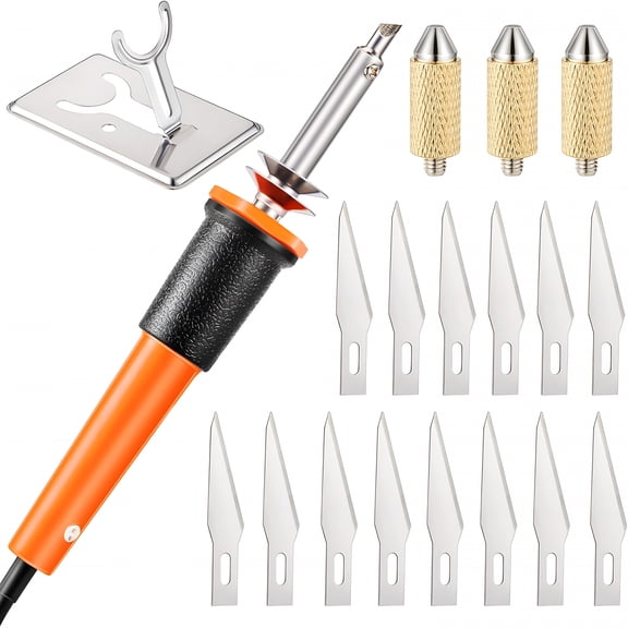EXLEAF 19 Pieces Electric Hot Knife Cutter Tool, Multipurpose Hot Knife Stencil Cutter with Metal Stand, 14 Blades, 3 Chuck Sleeves for Cutting Carving(Orange)