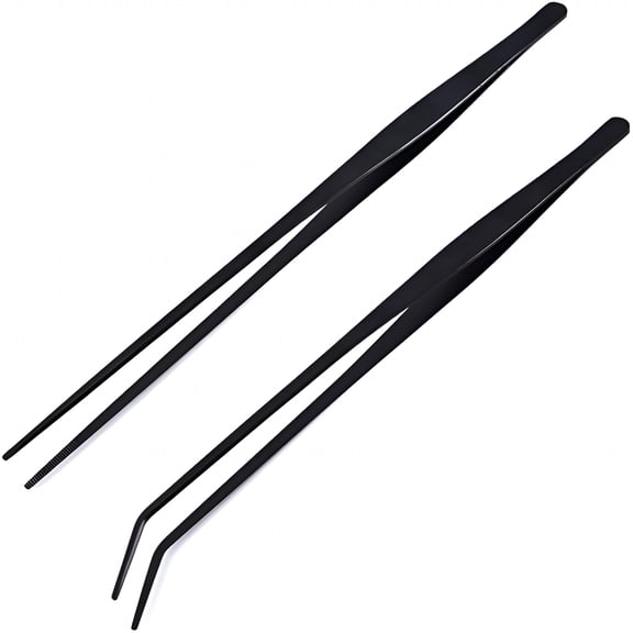 EXLEAF 2 Pack Aquarium Forceps,15 Inch Long Handle Aquarium Tweezers Stainless Steel Straight and Curved Tweezers Set for Fish Tank Aquatic Plants Long Handle Reptile Feeding Tongs,Black