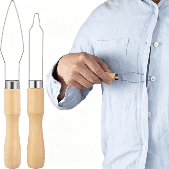 EXLEAF 2 Packs Easy Button Hook,Steel Button Helper Tool for Elderly,Wide Wood Handle Buttons Fastener Device Assist Dressing Aid Tool for Seniors One Hand-Small Button and Universal