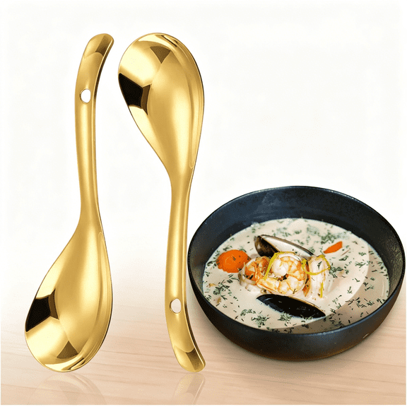 EXLEAF 2 Pcs 9 Inch Gold Stainless Steel Rice Spoons Paddle, Metal Spatula Scoop, Non-Stick Cooker Spoon, Soup Ladle Scooper Spoons for Serving Cooking Kitchen Utensil