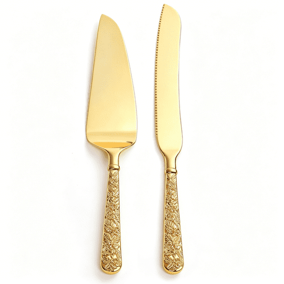 EXLEAF 2 Pcs Gold Cake Knife and Server Set,Wedding Cake Cutting Utensils,Vintage Engraved Cake Cutter and Serving Spatula for Birthday,Party,Anniversary Cake Cutting Set