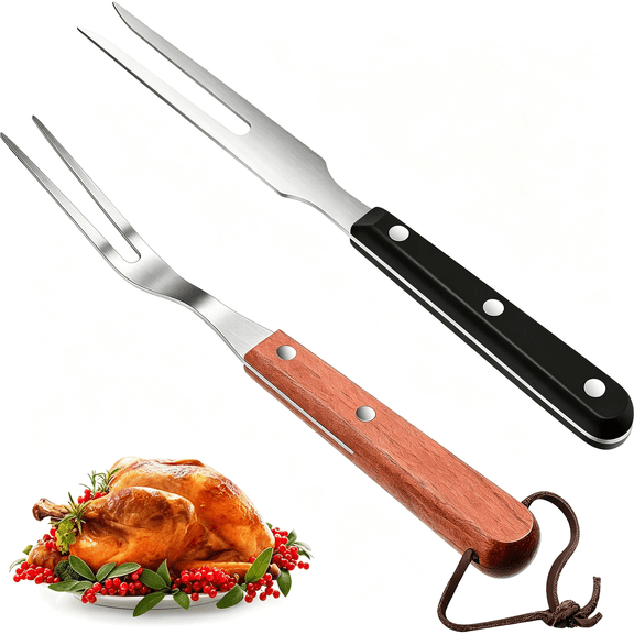 EXLEAF 2 Pieces Meat Fork Stainless Steel Carving Fork with Wood Handle Cooking Bbq Grill Steak Tool for Kitchen Barbecue Serving Cooking Grilling Roasting 10.5 Inches, Round Handle