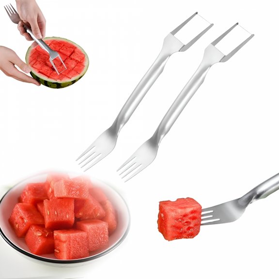 EXLEAF 2-in-1 Stainless Steel Fruit Cutter,Watermelon Fork Slicer Cutter Slicer Tool,Dual Head Fruit Forks Slicers Knife for Home Parties Camping (2Pcs)