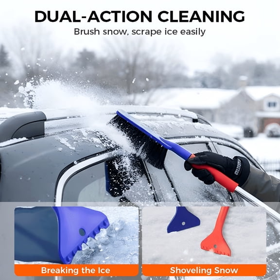 EXLEAF 2026 New 2-In-1 Snow Brush and Ice Scraper | Retractable Aluminum Alloy Handle Car Window Scraper | Extra-Wide 8In Head for Car Roof&Windshield | Winter Car Care Tool