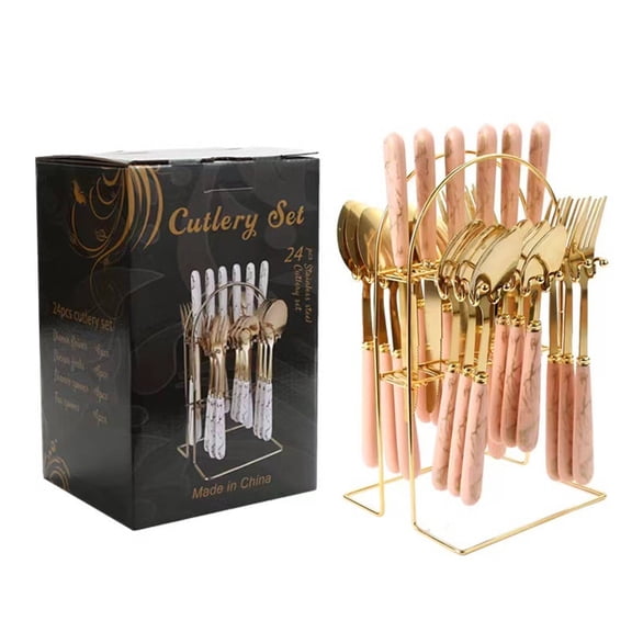 EXLEAF 2026 New 24Pcs Silverware Set Stainless Steel Spoons and Forks Set Marble Handle Multi-Purpose Flatware Set,Pink for Dining, Parties, Family Gatherings, Everyday Use, Kitchen Decor