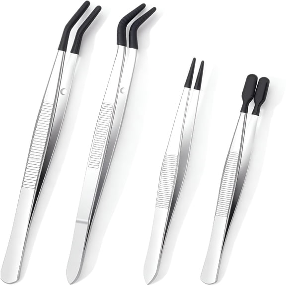 EXLEAF 2026 New 4 Pcs Rubber Tip Tweezers Set, Non-Scratch Pvc Coated Tips - Fine Point, Flat & Bent Head Tweezers for Crafts, Jewelry Making, Electronics, Eyelash Extensions