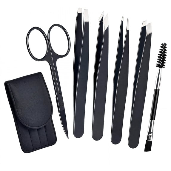 EXLEAF 2026 New 7Pcs Tweezers Perfectly Aligned Tip Tweezers for Men Rust-Resistant Stainless Steel Construction Tweezer for Eyebrow Nail Black