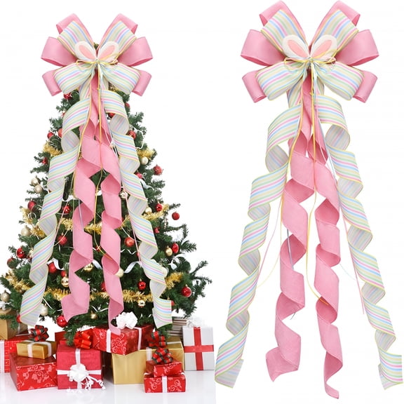 EXLEAF 2026 New Extra Large Easter Tree Topper Bow,53X13 Inches Pink Spring Bows for Wreaths with Bunny Ears Easter Tree Decorations Pink Burlap Bow for Spring Easter Home Indoor Outdoor Decor