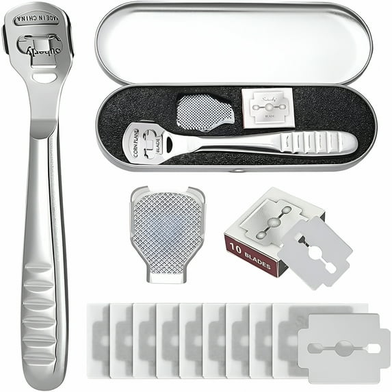 EXLEAF 2026 New Foot Scraper Callus Shaver-Stainless Steel Foot File Hard Skin Remover Blade-Professional Pedicure Foot Rasp Kit for Feet Hand Foot Care Tools with 10 Replacement Blades Silver,13Pcs