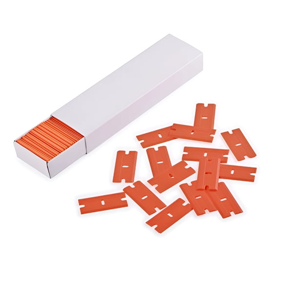 EXLEAF 2026 New Plastic Razor Blades 100 Pcs Double Edged Plastic Blade for Safety Glass Scraper and Plastic Razor Scraper Tool for Remove Decals Stickers Adhesive Label Glue and Glass Clean-Orange