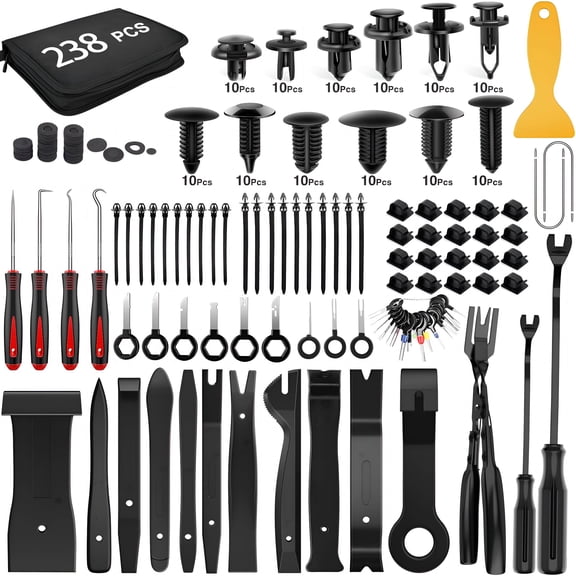 EXLEAF 238Pcs Trim Removal Tool, Auto Push Pin Bumper Retainer Clip Set Fastener Terminal Remover Tool Adhesive Cable Clips Kit Car Panel Radio Removal Auto Clip Pliers, Black