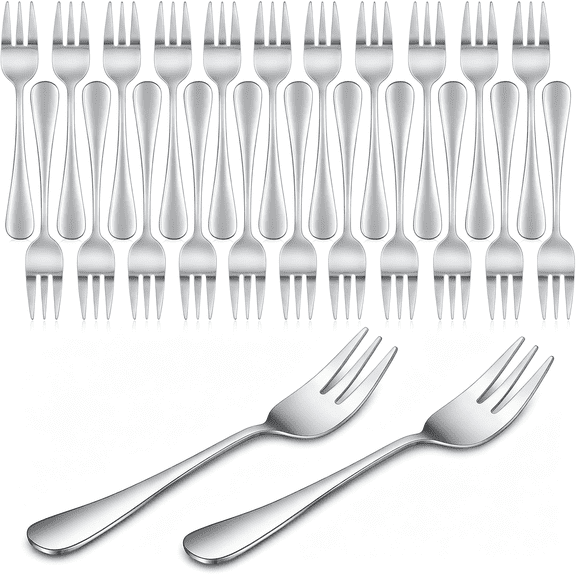 EXLEAF 24 Pcs Oyster Fork Appetizer Seafood Forks Portable Stainless Steel Dinnerware 3 Prong Fruit Small Cocktail Salad Dessert Tableware for Tasting Crab Escargot Party Travel, 5.5 Inch Silver