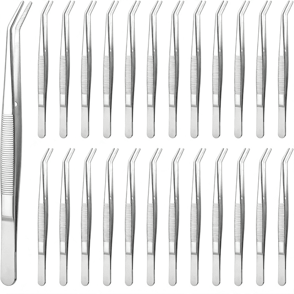 EXLEAF 24 Pcs Stainless Steel Tweezers for Crafting with Curved Serrated Tip Multipurpose Forceps Sewing Machine Tweezers Craft Tweezers