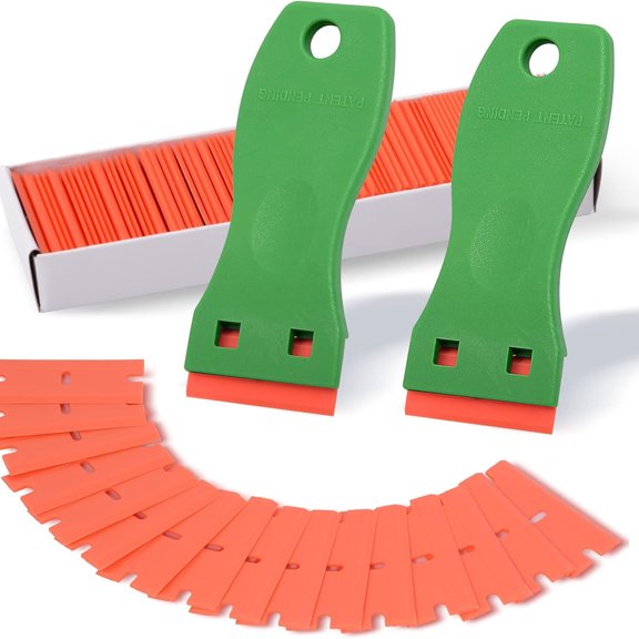 EXLEAF 2Pcs Green Plastic Razor Sticker Remover Paint Scrapers with Contoured Grip + 100 Pcs 1.5" Refillable Double Edge Plastic Razor Blades for Cleaning Adhesive Vinyl Decals Stickers Labels