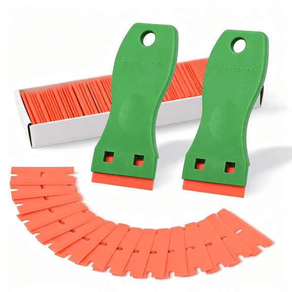 EXLEAF 2Pcs Green Plastic Razor Sticker Remover Paint Scrapers with Contoured Grip + 100 Pcs 1.5" Refillable Double Edge Plastic Razor Blades for Cleaning Adhesive Vinyl Decals Stickers Labels