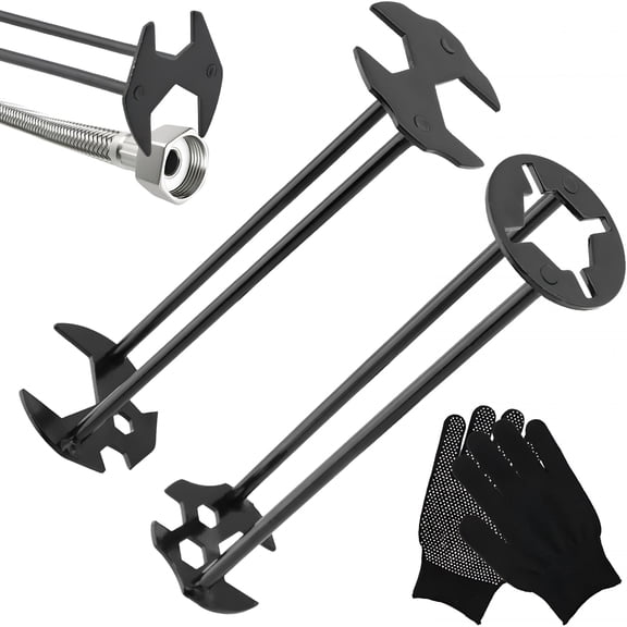 EXLEAF 2Pcs Multifunctional Basin Wrench Set, 7 Sizes Faucet Wrench with Gloves, Universal Under Sink Plumbers Tool, Two-Shaft Design Four-Jaw Hex Faucet Tool for Kitchen & Bathroom (Black)