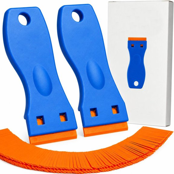 EXLEAF 2Pcs Plastic Razor Blade Scrapers with 100 Blades-Safe Adhesive Remover for Stickers,Decals,Labels,Caulk&Gaskets on 3D Printer Beds,Glass,Car Or Windows Non Scratch Cleaning Tool