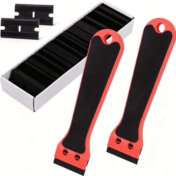 EXLEAF 2Pcs Plastic Razor Scraper 6-Inch Long Handle Adhesive Remover Tool with 100 Double-Edge Blades for Window Tint Vinyl Scraper Decal Sticker Glue Remover (Red)
