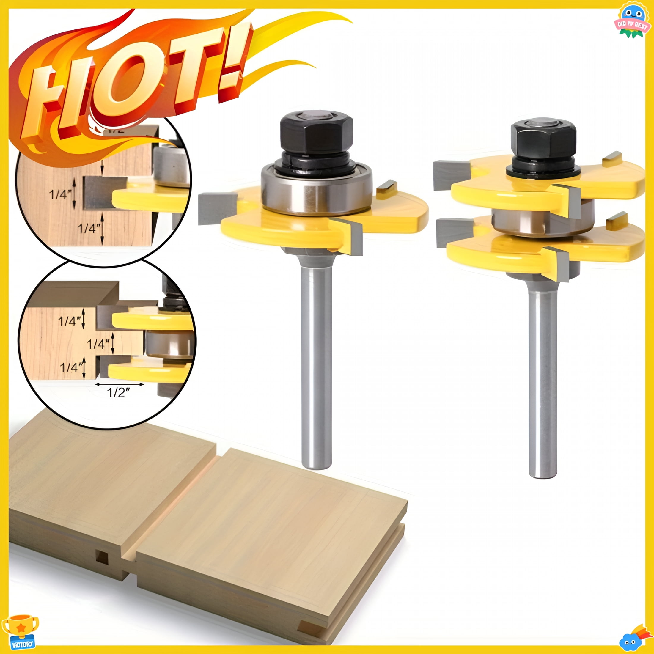 EXLEAF 2Pcs Tongue and Groove Router Bit Set - 1/4
