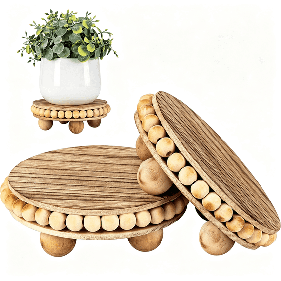 EXLEAF 2Pcs Wood Risers for Display Decorative,Round Beaded Riser Distressed for Decor ,Wooden Farmhouse Coasters Mini Cake Stand Plant Stand,Rustic Pedestal Stand Decor Display Risers for Tiered