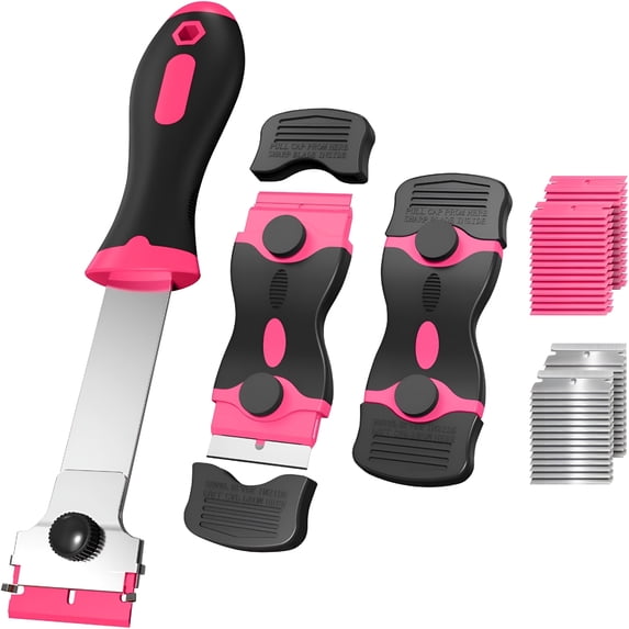 EXLEAF 3 Pack Razor Blade Scraper Set, Includes 30 Plastic & 30 Metal Blades, Multi-Purpose Tool for Glass, Cooktop, Sticker Removal, Paint & Gum Cleaning (Pink)