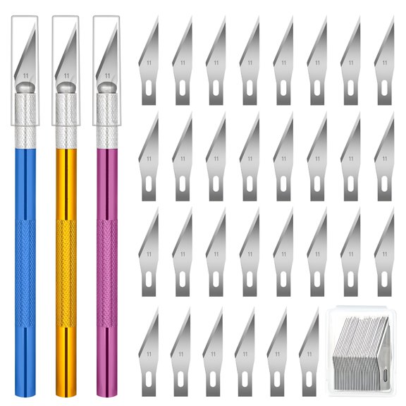 EXLEAF 3 Pcs Hobby Knife Set with 30 #11 Blades, Precision Exacto Craft Knives for Modeling, Scrapbooking, and Stenciling
