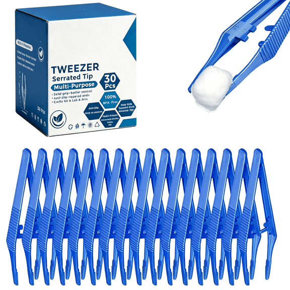 EXLEAF 30Pcs Easy Grip Tweezers Plastic Tweezers Serrated Tip Pickup Tweezers 5 Inch Disposable Forceps for Lab ,School Science ,Crafts Plastic Tweezers (30 ,Blue)