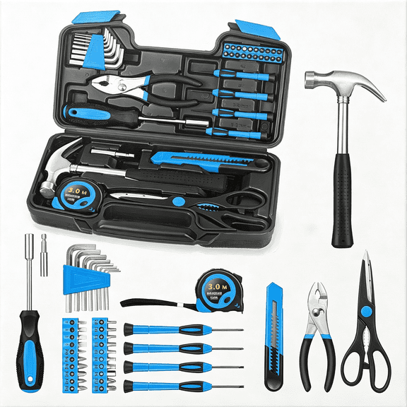 EXLEAF 39-Piece Basic Household Tool Set with Toolbox Storage Case,Blue|Basic Home Tool Kit,Small Hand Tool Kit,General Home Repair,For Home Garage,Office,College Dormitory,Daily Diy Use