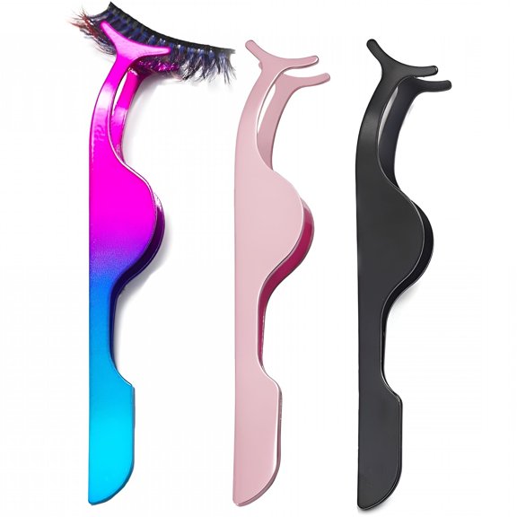 EXLEAF 3Pcs False Eyelash Tweezers Set, Stainless Steel Lash Cluster Applicator & Remover, Curved Precision Tool for Extensions, Matte Grip Beauty Kit in Black Champagne Purple Assorted Colors