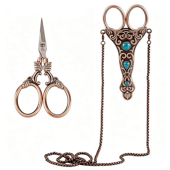 EXLEAF 4" European Scissors Chain Scissors Necklace Small Vintage Embroidery Stainless Steel Metal Gemstone Blade Cover Shears for Cutting Fabric Needlework Tools Craft Supplies Women Adult