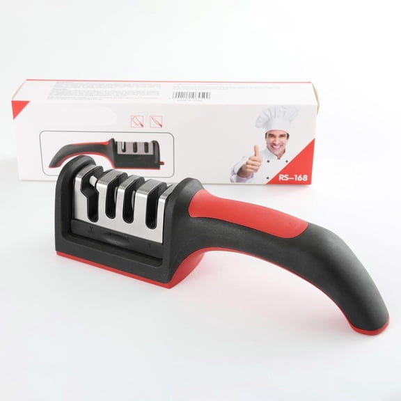 EXLEAF 4-In-1 Kitchen Knife Sharpener,Professional Grade with Tungsten Steel and Ceramic Slots,Scissor Sharpening,Black/Red Knife and Scissor Sharpener