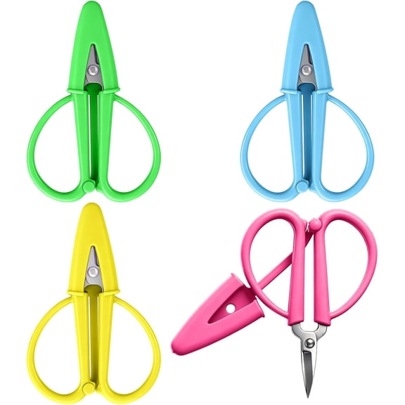 EXLEAF 4-Pack Mini Scissors, Sharp Small Scissors Multi-Functional with Silicone Cap, Tiny Scissors for Travel Crafts Sewing Embroidery DIY (4 Colors)