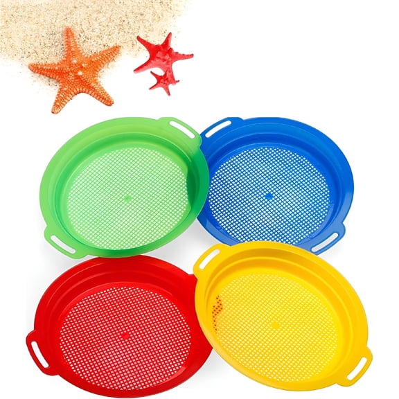EXLEAF 4 Pcs Sand Sifters,Plastic Sand Sifter,Large Sand Strainer,Sand Toys for Digging Picking Up Shells,Shark Teeth,Sand Mesh Strainer,Lightweight Plastic Sieve Hand Strainer for Sand