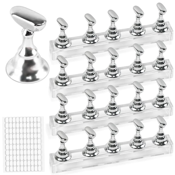 EXLEAF 4 Sets Nail Stand for Painting Nails and 200 Pcs Reusable Adhesive Putty,Sliver Acrylic Nail Holder for Painting Nails,Press on Stand for Beginners,Diy Painting Use,Home and Salon Supplies