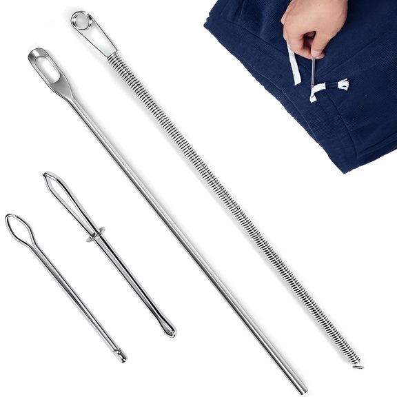 EXLEAF 4Pcs Drawstring Threader Tool,Stainless Steel Threading Tool Kit with Spring-Loaded Tweezers & Safety Pins for Hoodies,Shoes,Pants | Replace Lost Drawstrings,Elastic Cords Easily