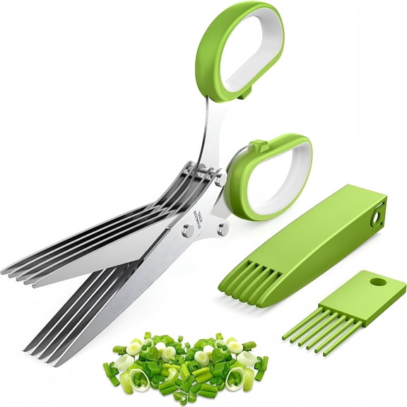 EXLEAF 5 Blade Herb Scissors with Cover and Cleaning Brush, Stainless Steel Kitchen Shears for Basil Parsley, Dishwasher Safe Multi Blade Cutter for Home Garden Chef, Green