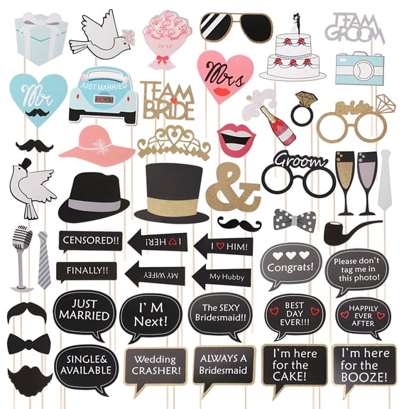 EXLEAF 53 Pieces Wedding Photo Booth Props Set with Beard Glasses Mustache Camera and Cocktail Designs, Paper Party Props with Wooden Sticks for Birthdays Bachelorette Anniversaries