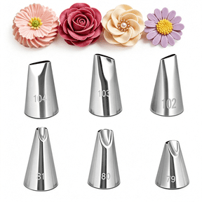 EXLEAF 6 Pcs Flower Piping Tips Set-No. 79 80 81 102 103 104 Stainless Steel Piping Nozzles-Flower Petal Icing Tips for Cake Decorating-Cake Decorating Tips&Pastry Tools for Buttercream,Roses
