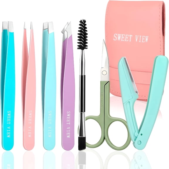 EXLEAF 7Pcs Eyebrow Tweezers Kit for Women Precision Plucker with Brow Scissors&Razor&Spoolie for Facial,Chin,Brow,Splinter and Ingrown Hair