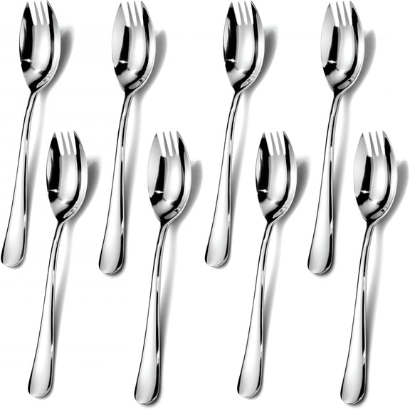 EXLEAF 8-Pack Stainless Steel Sporks, 7.4 Inch Long Handle Salad Forks, Multi-Use Utensils for Dessert, Ice Cream, Soup, Noodles, Dishwasher Safe