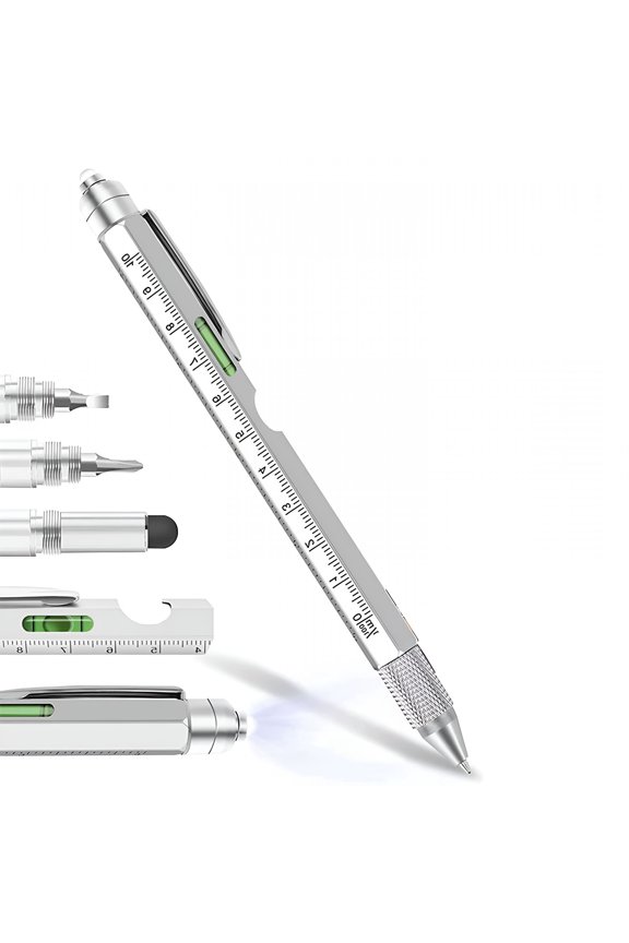 9 in 1 Multitool Pen, Aluminum Tech Tool with LED Light, Stylus, Screwdriver, Ruler and Level, Practical Gadget for Men, Dad, Engineers, Silver