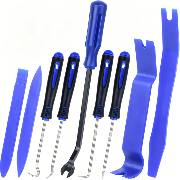 EXLEAF 9Pcs Auto Trim Removal Tool Kit with Plastic Pry Tool, Fastener Clip Pliers, Car Interior Panel Door Window Removal Tools, Clip Remover Tool with Precision Hook