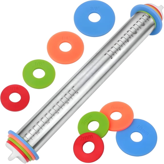 EXLEAF Adjustable Rolling Pin with Thickness Rings for Baking, Stainless Steel Dough Roller Pins for Cookie Decorating, Baking Supplies, Fondant Cake, Pizza Dough
