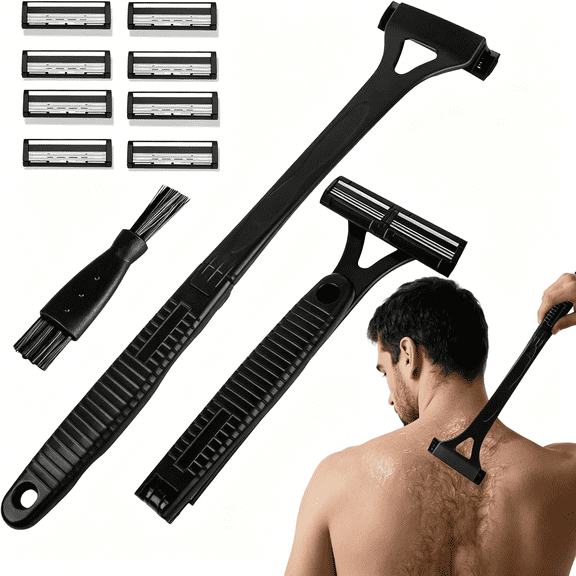 EXLEAF Back Shaver for Men with 8 Replacement Blades,Foldable Long Handle Body Hair Remover,Manual Back Razor Groomer for Men,Wet Or Dry Shaving Body Trimmer for Smooth Hair Removal(Black)