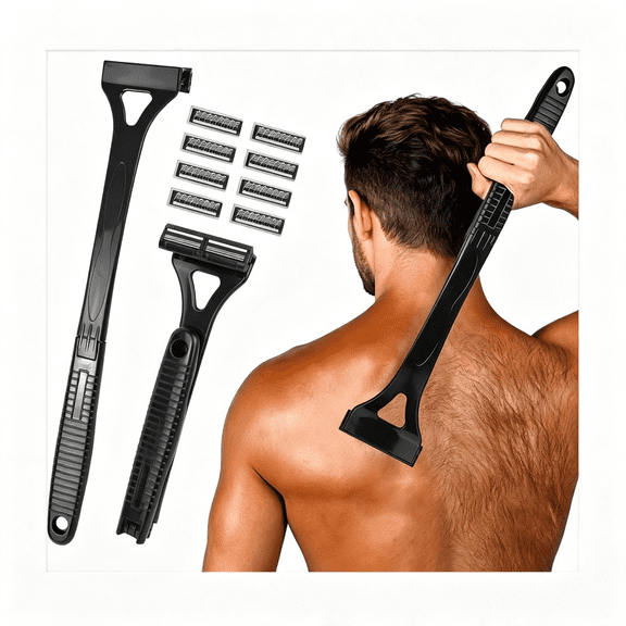 EXLEAF Back Shavers for Men with Foldable Long Ergonomic Handle|Diy Hair Shaver ,Replaceable Safety Blade & Portable Razor Groomer for Men ,Wet & Dry Shaving-Black (8Pcs Blades Included)