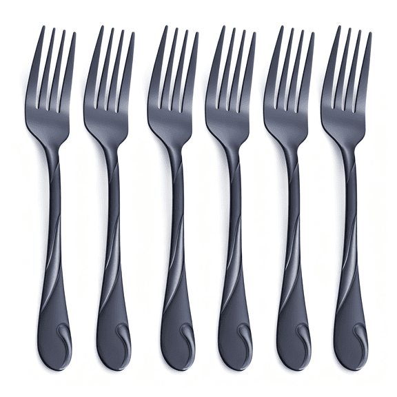 EXLEAF Black Dinner Fork Set, 7.8-Inch Stainless Steel Shiny Black Metal Table Fork Silverware, Elegant Black Forks, Set of 6